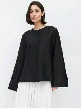 Toteme Black Linen Blend Minimalist Oversized Half Button Shirt Size 32